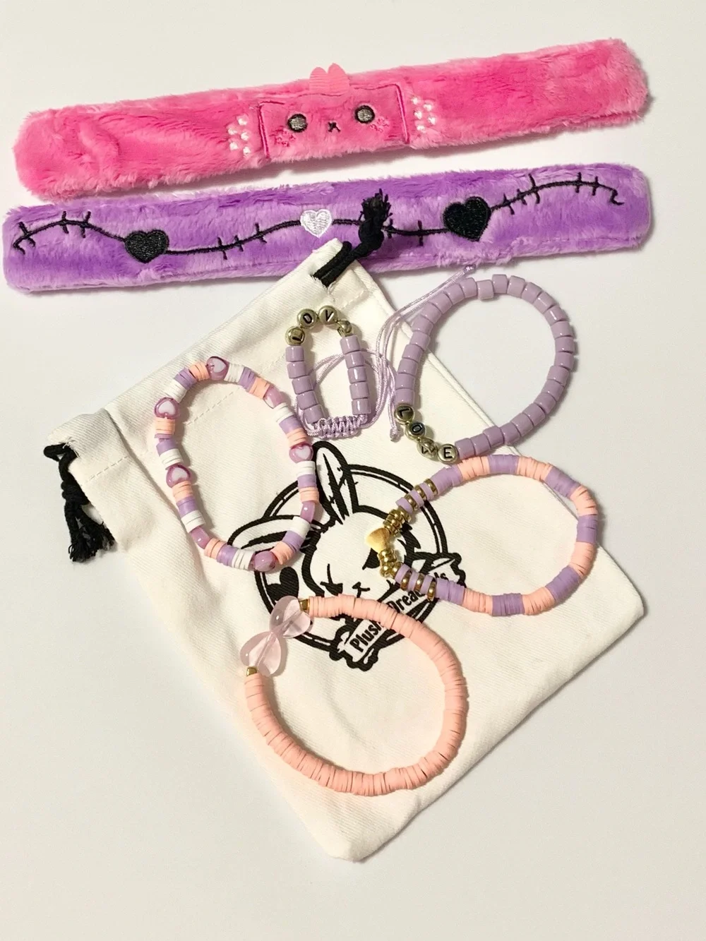 Plushie Dreadfuls Lavender Love Beaded Bracelet s + 2 Plush Slap Bracelets NEW